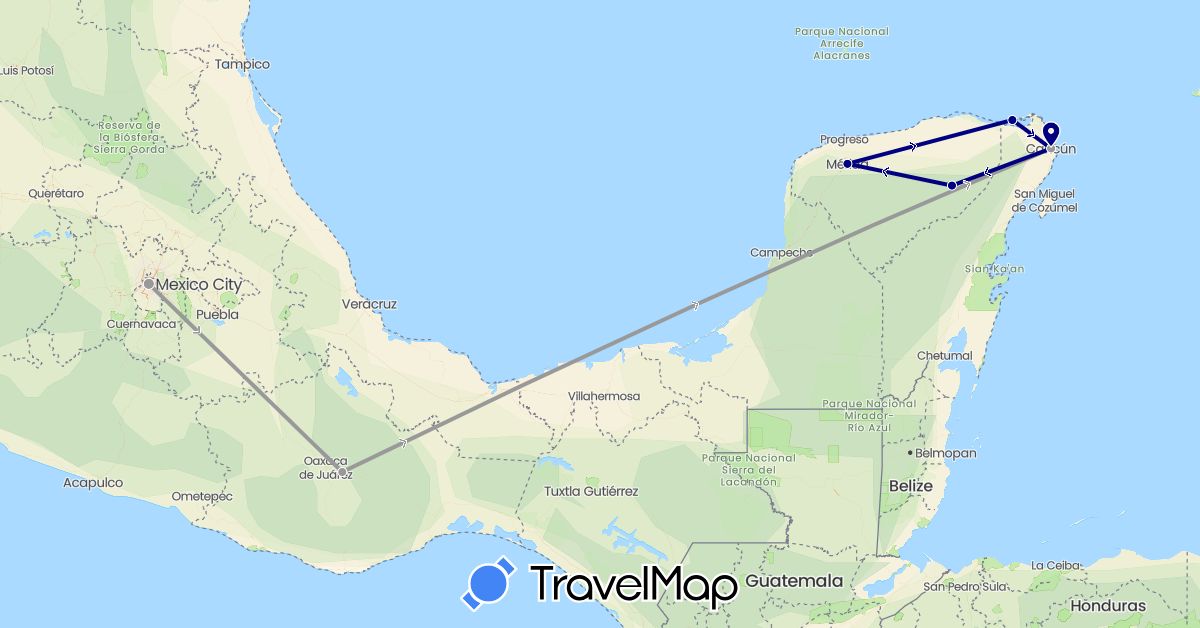 TravelMap itinerary: driving, plane in Mexico (North America)